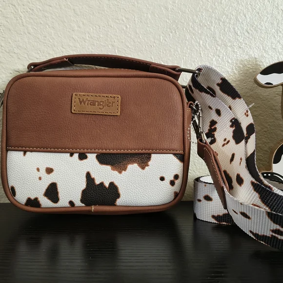 Wrangler Cow Print Brown and White Crossbody Bag - Picture 1 of 9